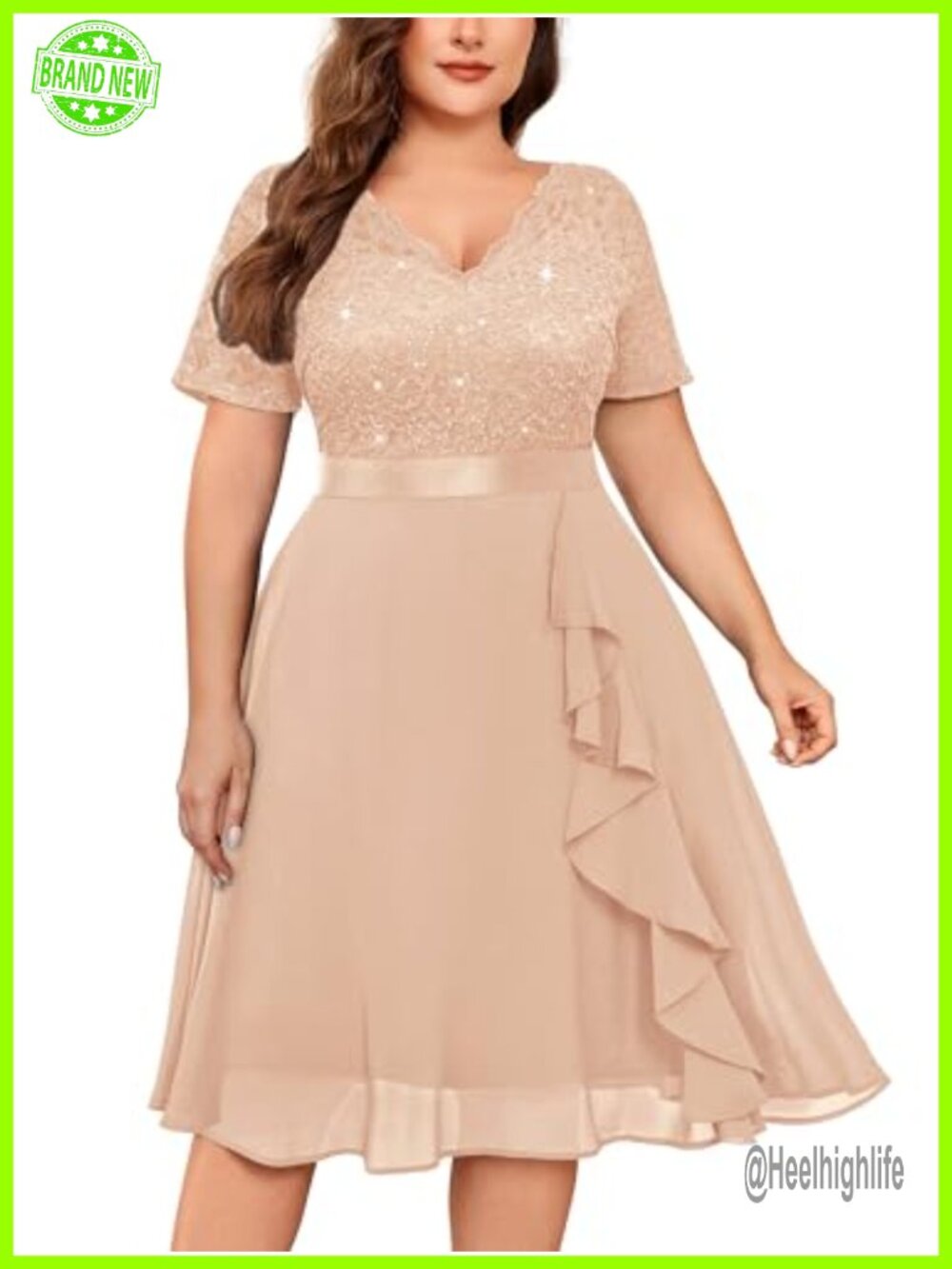 Plus Size Sequin Lace Ruffle V-Neck A-Line Cocktail Party Dress